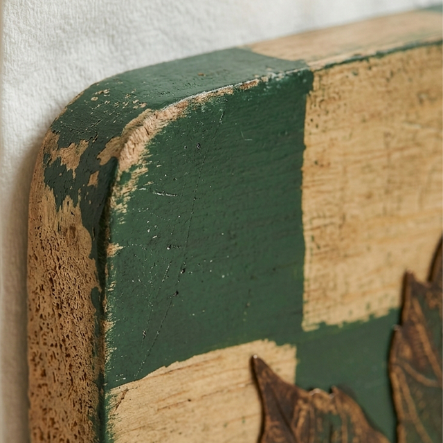 Worn paint wood napkin stand side view
