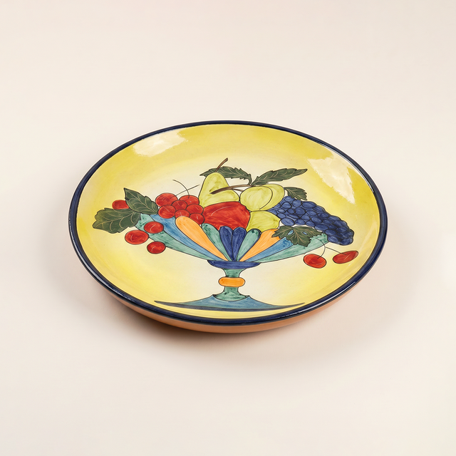 Hand-Painted Ceramic Decorative Plate — Large 14.8" Fruit Compote Scene on Yellow Ground, Terracotta Charger for Wall Décor or Table Display