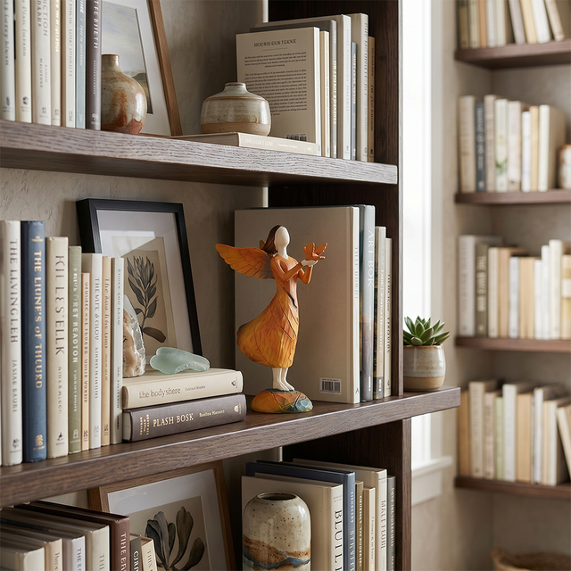 angel holding bird figurine on dark wood shelf