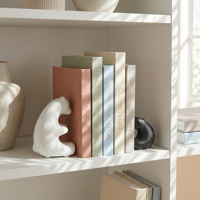 bear bookends on white shelf with books