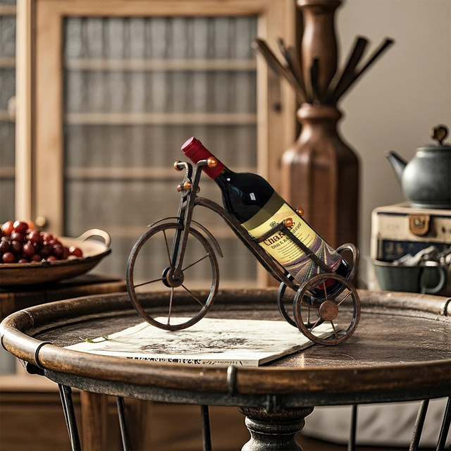 bicycle shaped wine rack on the wooden table