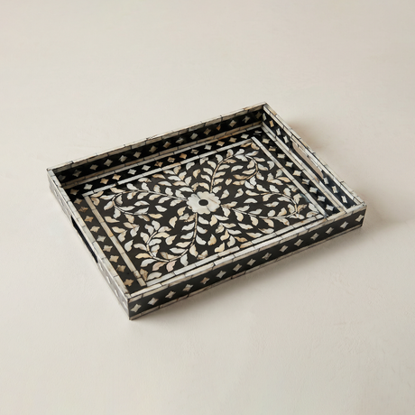 black and pearl inlay floral mosaic tray