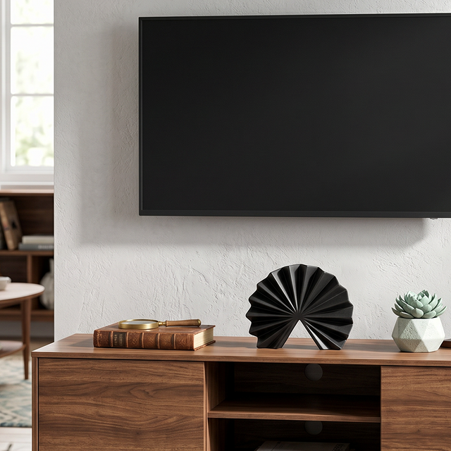 black fan sculpture on tv stand with succulent