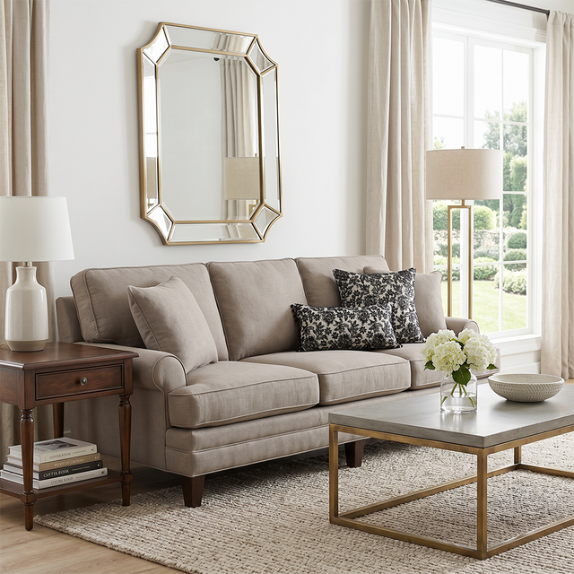 black floral pillows on beige sofa under gold mirror