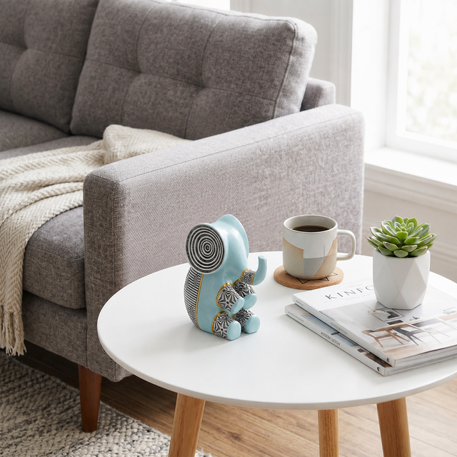 blue resin elephant on round coffee table