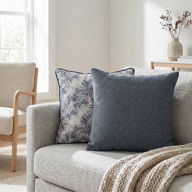 blue speckled and palm leaf jacquard throw pillows