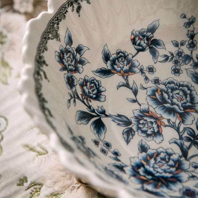 blue white floral pattern close up