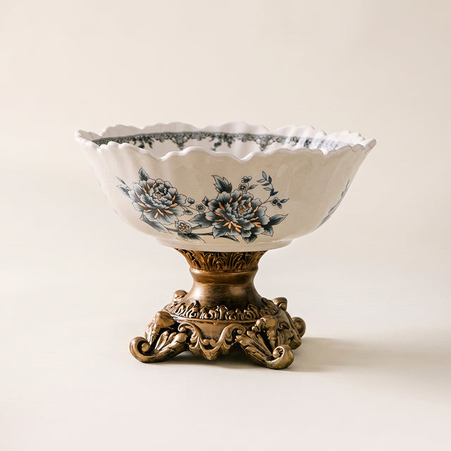 blue white pedestal bowl on background