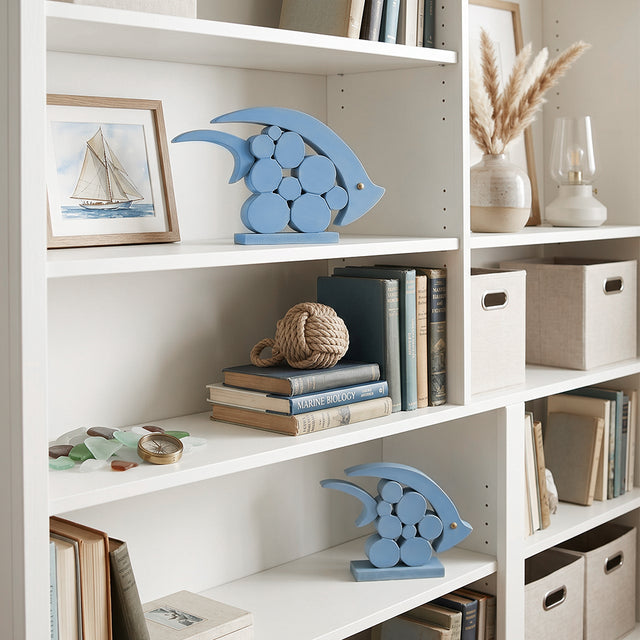 blue wooden dolphins on white shelf with books