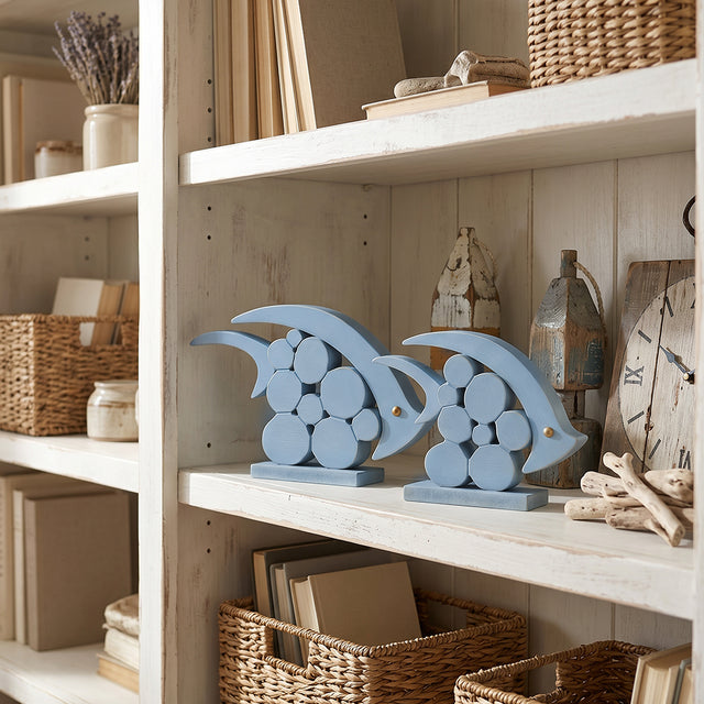blue wooden dolphins on white shelf with decor