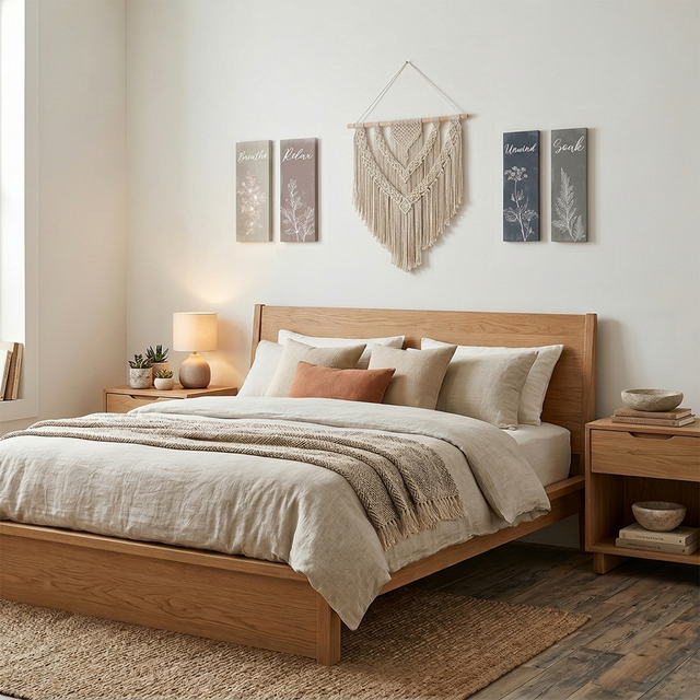 botanical signs above bed with macrame wall hanging