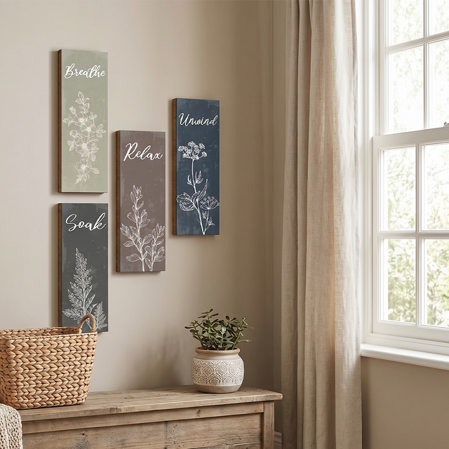 botanical signs above wooden cabinet in bright room