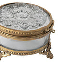 brass and glass carved decorative storage jar details