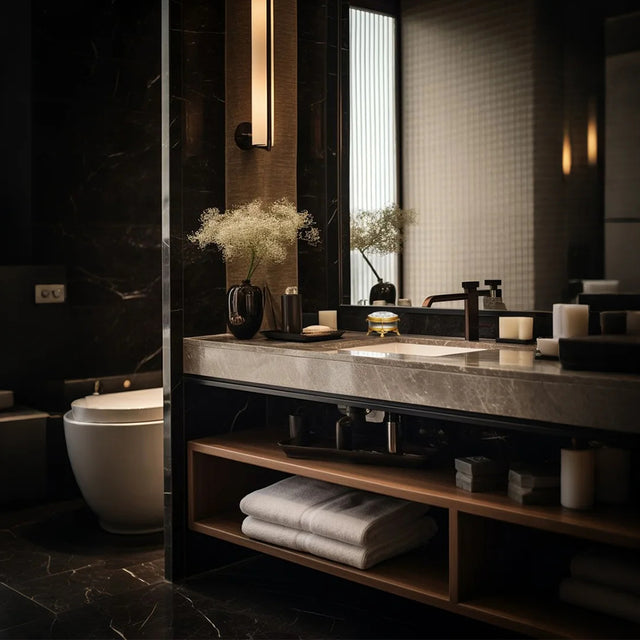 brass and glass carved decorative storage jar in the bathroom