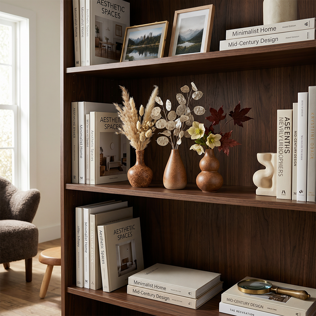 brown ceramic vases on dark bookshelf