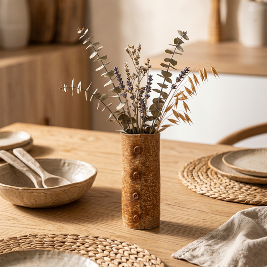 button vase with dried flowers on table