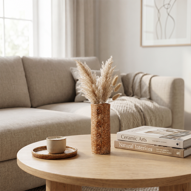 button vase with pampas grass on table