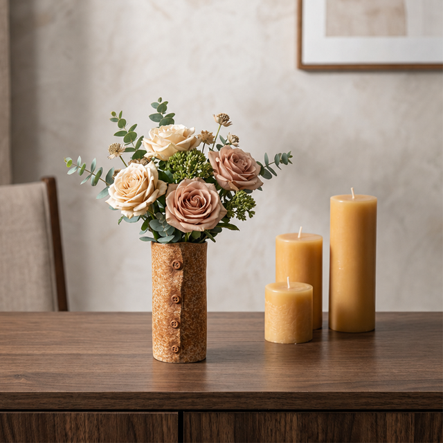 ：button vase with roses on dark table