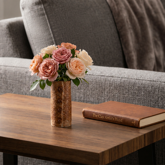 button vase with roses on side table