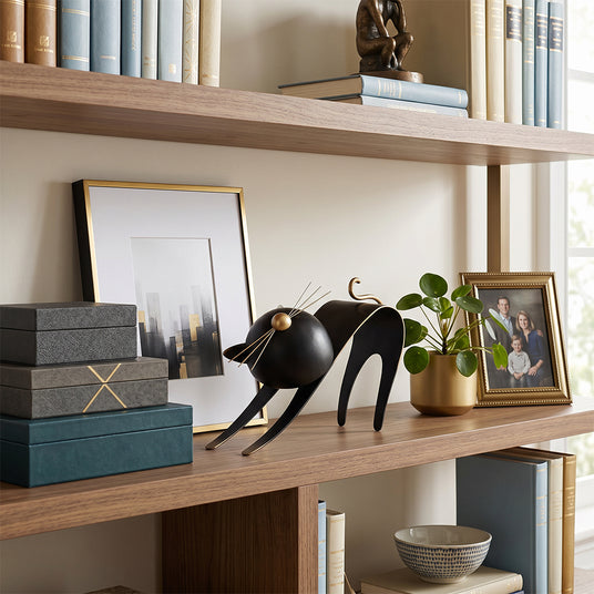 cat sculpture on bookshelf with boxes