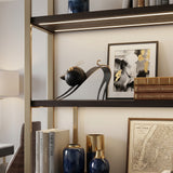 cat sculpture on shelf with blue vases