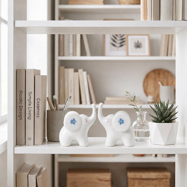 ceramic elephants on white bookshelf
