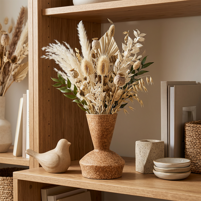 ceramic vase with dried flowers on shelf