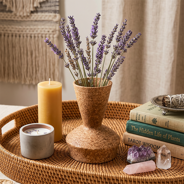 ceramic vase with lavender on wicker tray