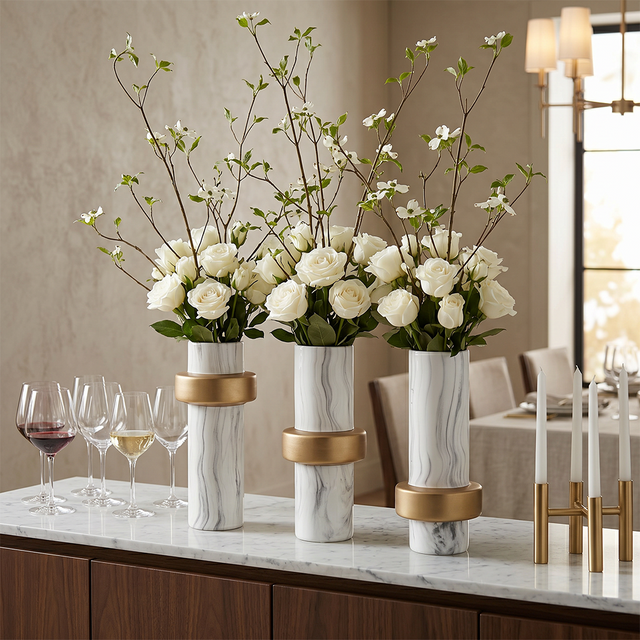 ceramic vases with roses and branches on counter