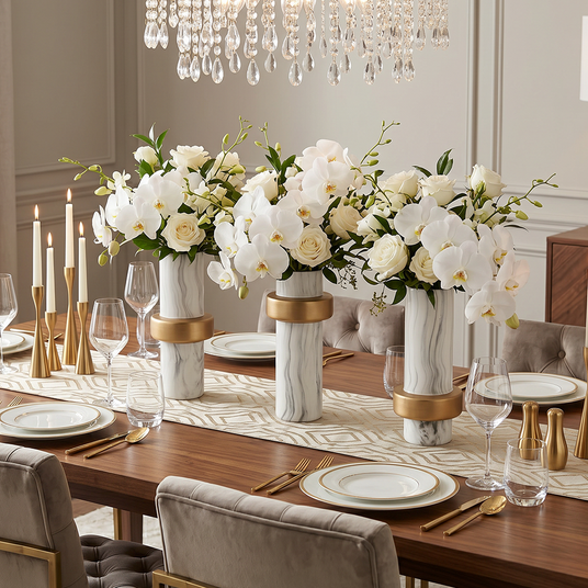 ceramic vases with white orchids on dining table