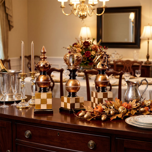 chess piece decor on dining buffet with autumn decor