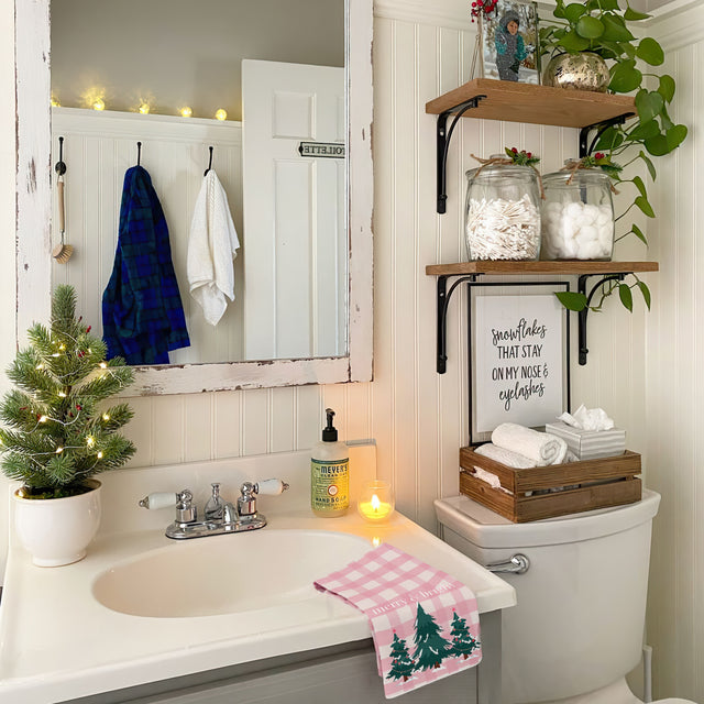 christmas tree dish towels in bathroom