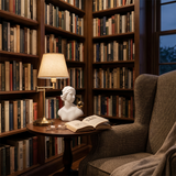 classical bust in cozy library reading nook