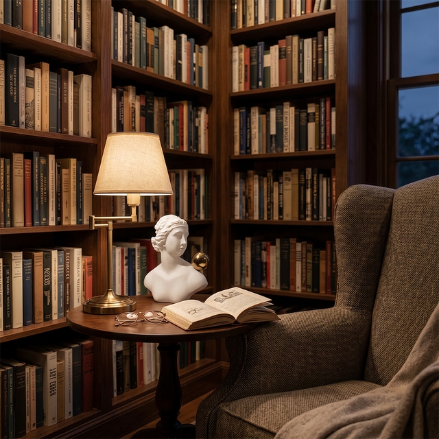 classical bust in cozy library reading nook