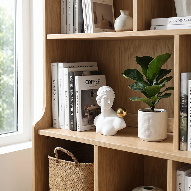 classical bust on wooden shelf with books
