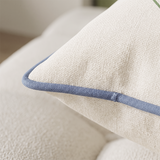 close up of blue piping and edge detail