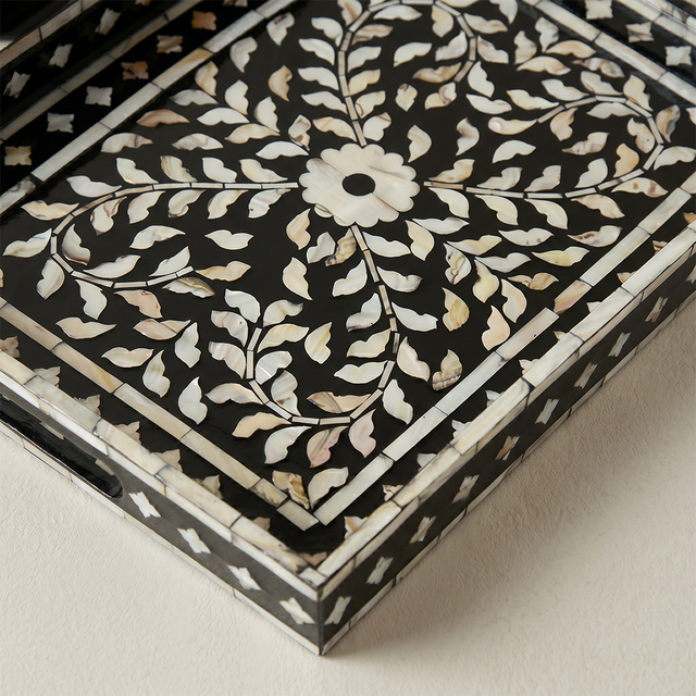 close up of pearl inlay tray flower pattern