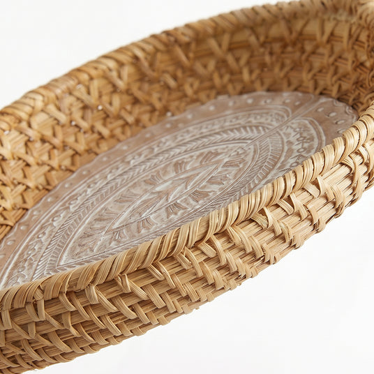 close up of rattan tray woven edge and base