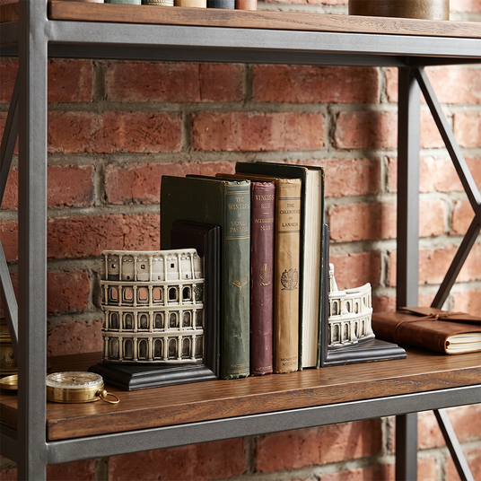 colosseum bookends on industrial metal wood shelf