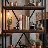 cookbook bookends on industrial shelf with herbs