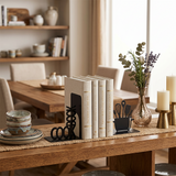 cookbook bookends on rustic dining table