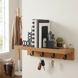 cookbook bookends on wooden shelf with keys