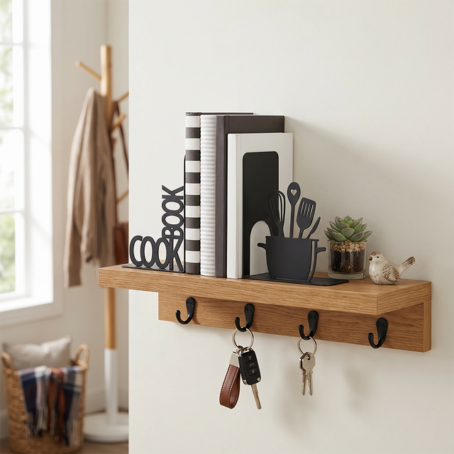 cookbook bookends on wooden shelf with keys