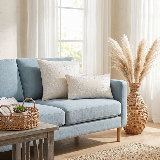 cream embroidered pillows on blue sofa with pampas