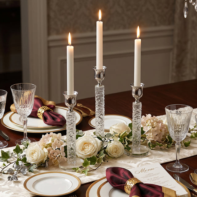 crystal candle holders on wedding table setting