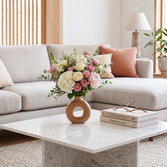 donut vase with flowers on coffee table