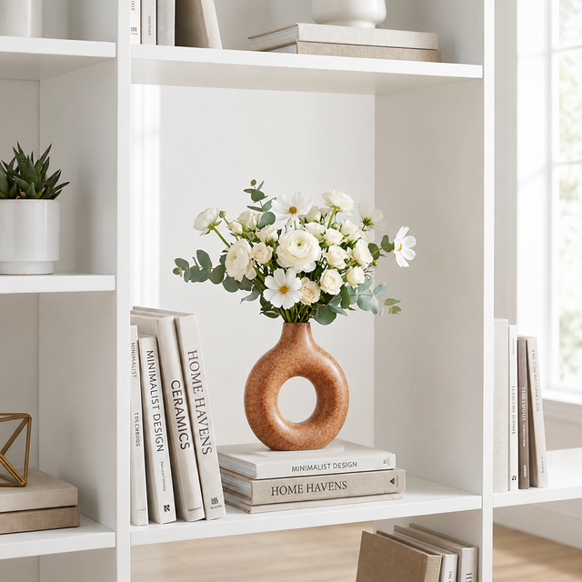 donut vase with flowers on white shelf