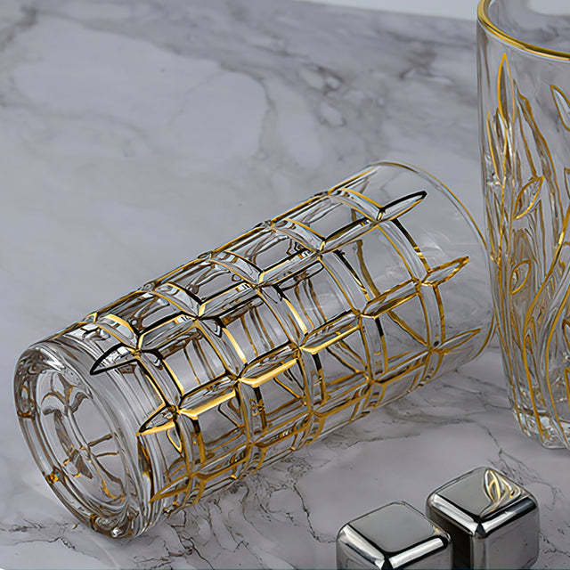 elegant gold rimmed drinking glasses details