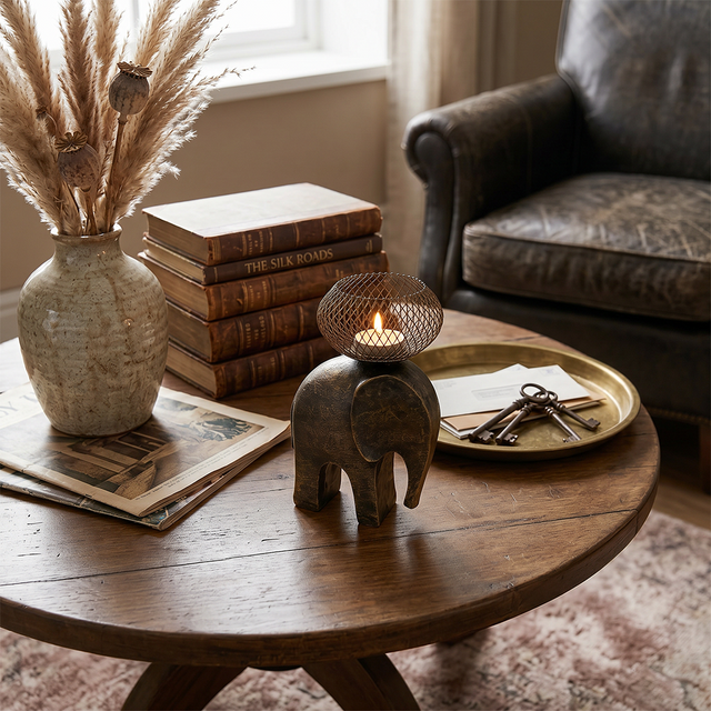 elephant candle holder on coffee table with books