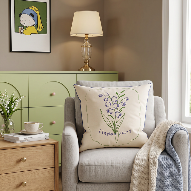 embroidered lily pillow on grey armchair with lamp